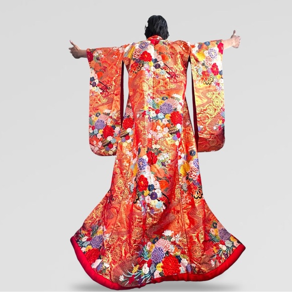 Men’s Uchikake Traditional Japanese Wedding Kimono Orange Red Gold Robe Silk - Picture 6 of 6
